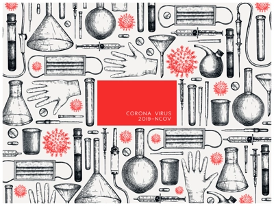 Coronavirus vaccine vector set. Hand-sketched collection of Covid-19 vaccination illustrations with vaccine bottle, syringe injection tools, and different viruses. Vintage medical sketches